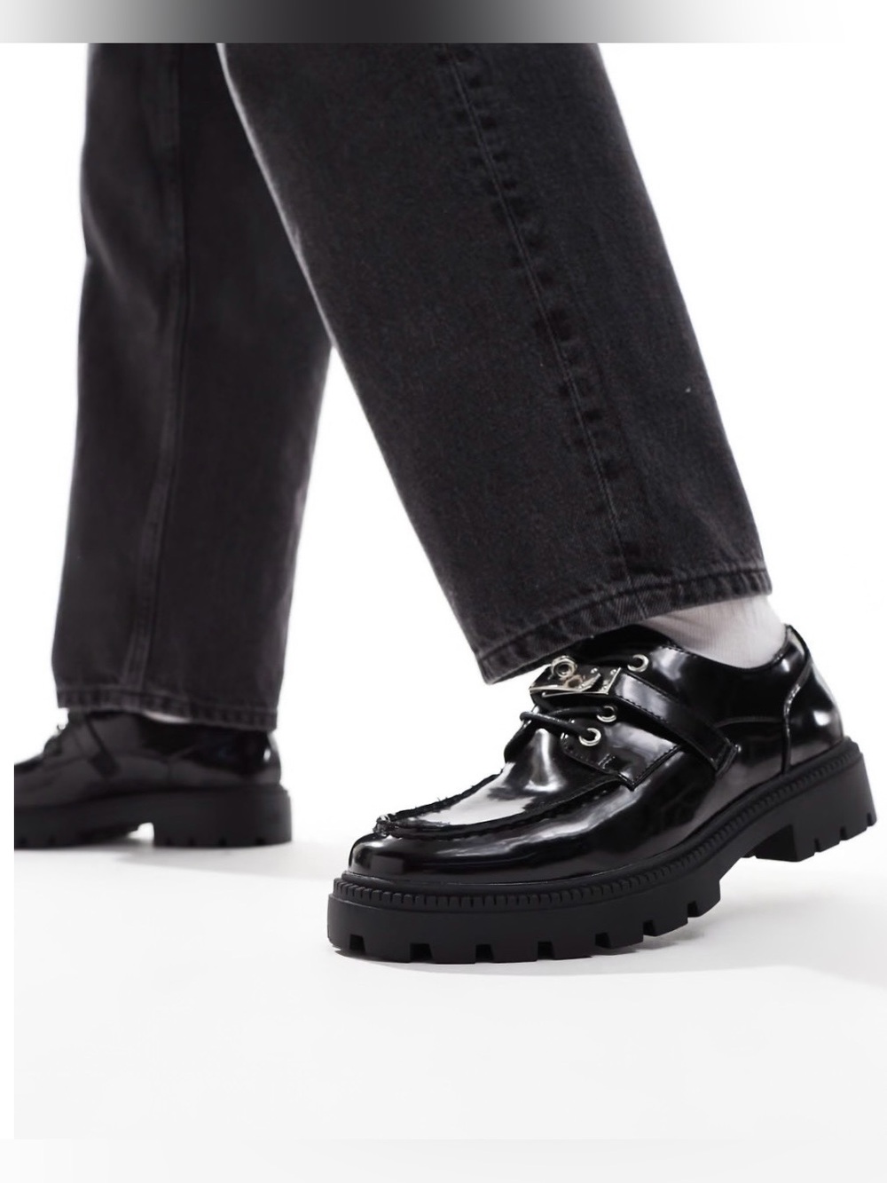 ASOS Black Patent Leather Lug Sole Slip-On Loafers Size 12